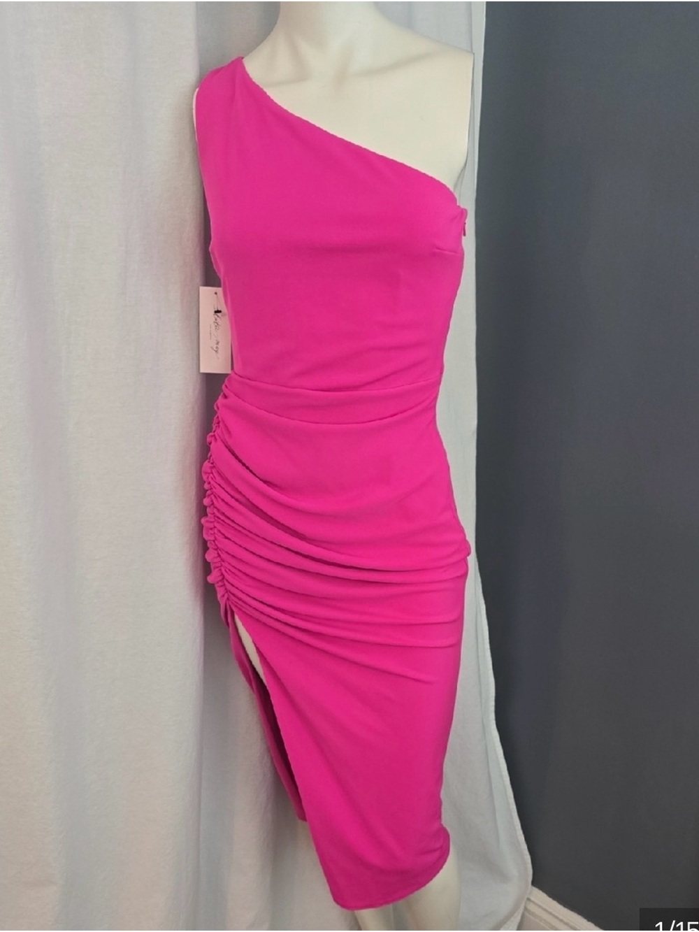 Katie May size M One-Shoulder Fuchsia Ruched Midi Dress